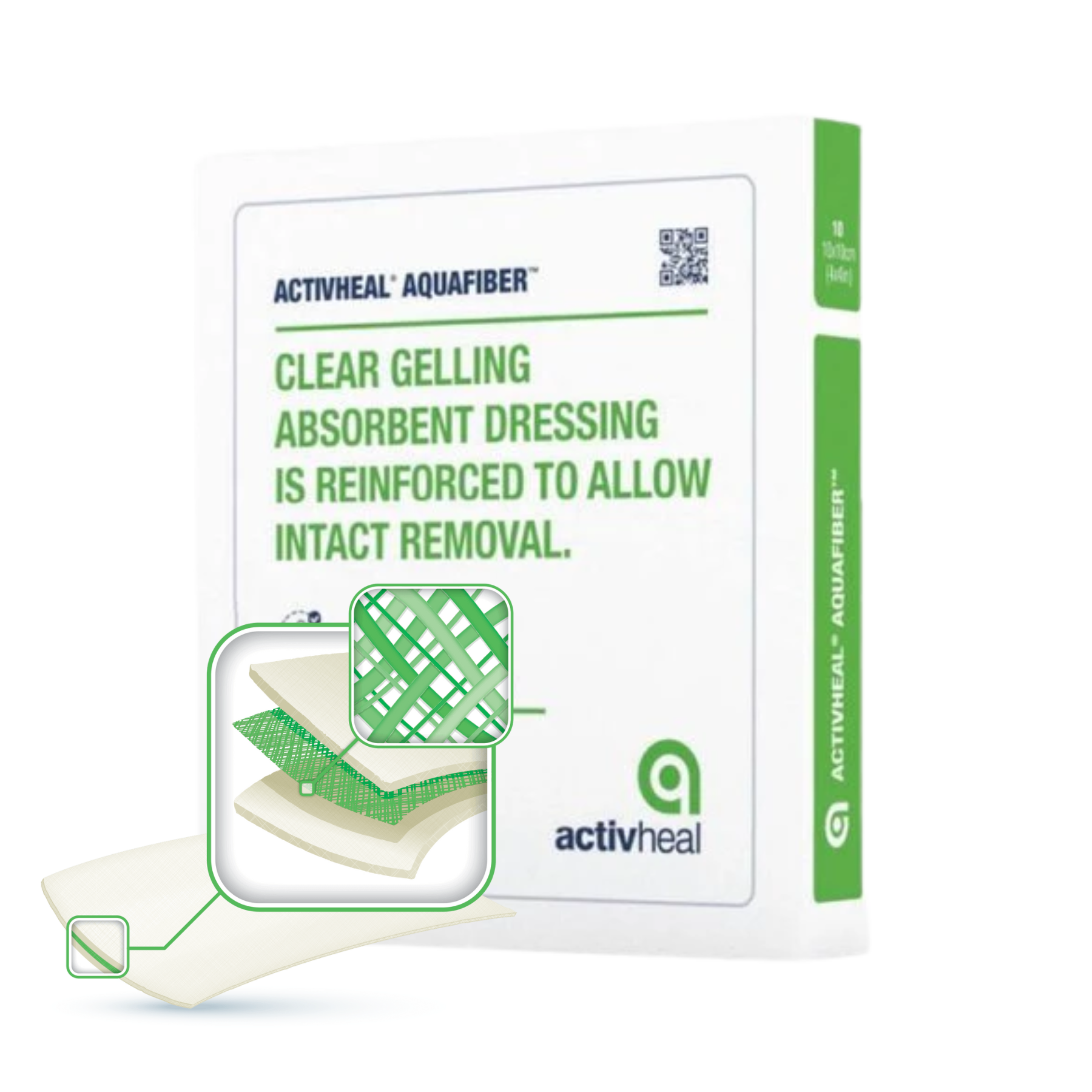 Product box featuring a diagram of the reinforced internal fiber layers of the Aquafiber wound dressing.