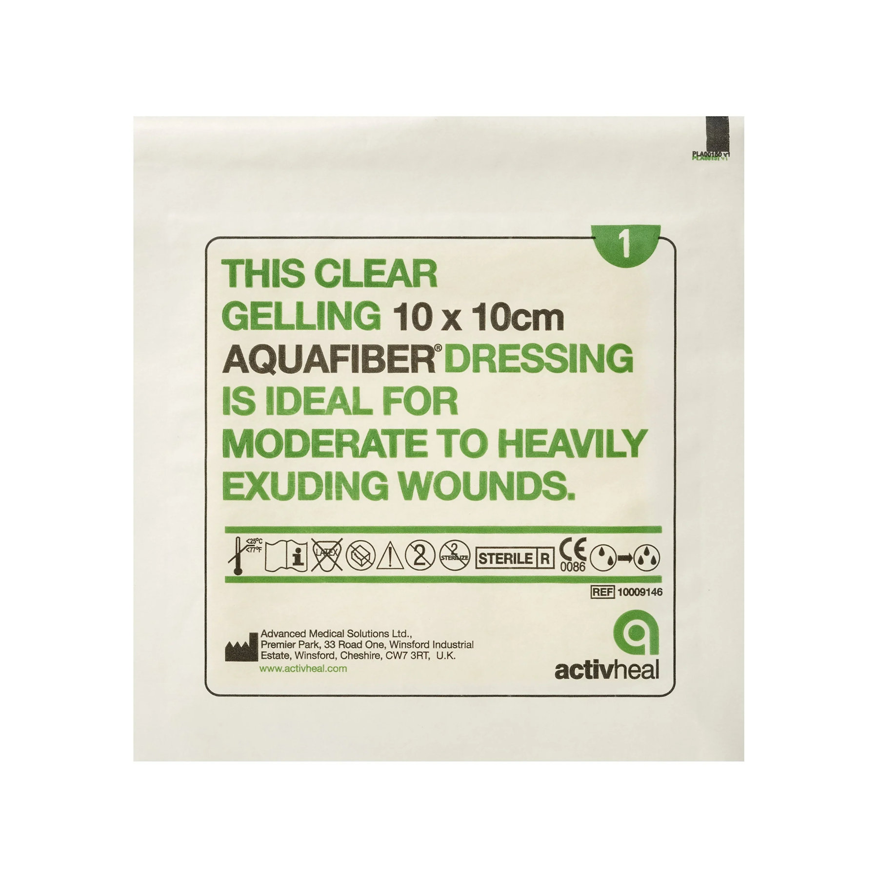 Individual sterile packaging for an ActivHeal Aquafiber 10 by 10 centimeter clear gelling wound dressing.