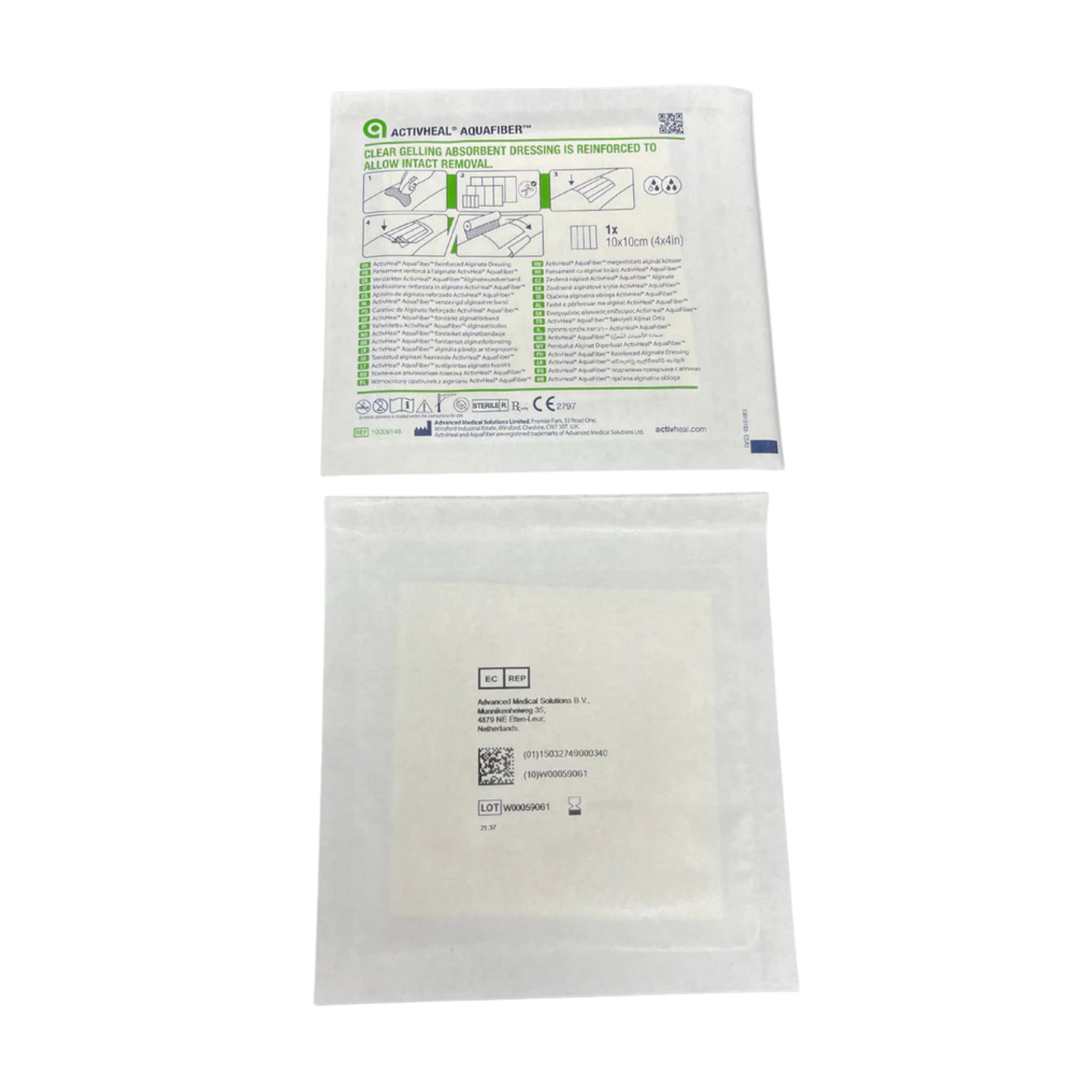 Individual sterile packaging for ActivHeal Aquafiber dressing, labeled for use on moderate to heavily exuding wounds.