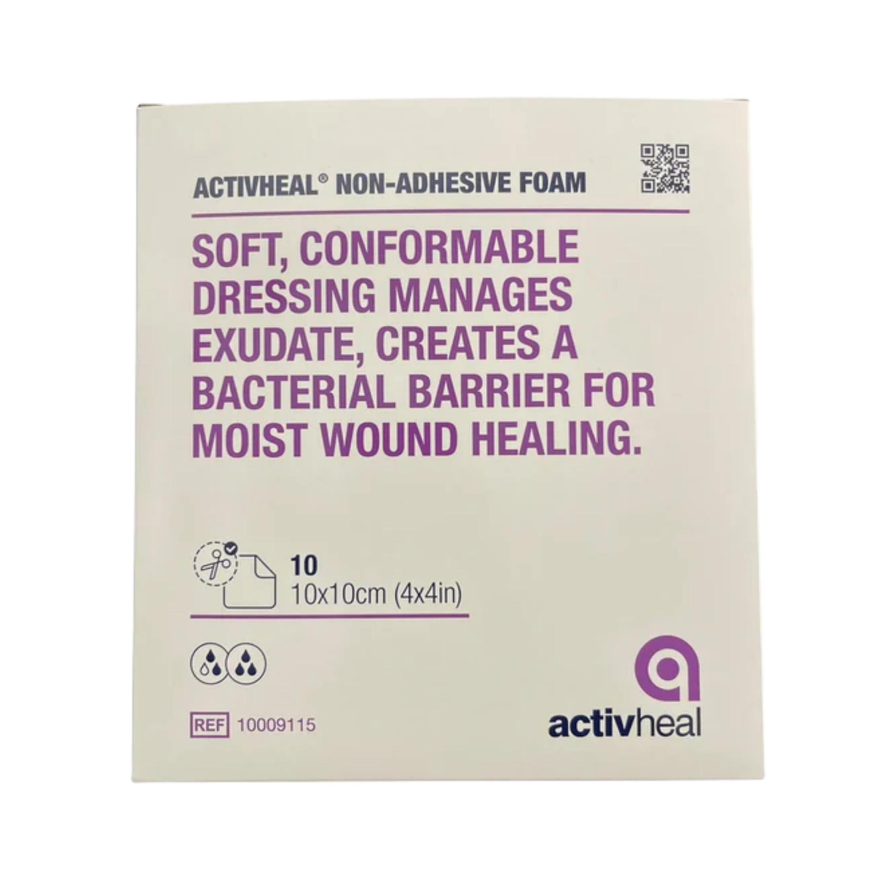 The front of a white and purple ActivHeal Non-Adhesive Foam box for ten 10x10cm (4x4in) dressings, indicating it is a soft, conformable dressing for moist wound healing.