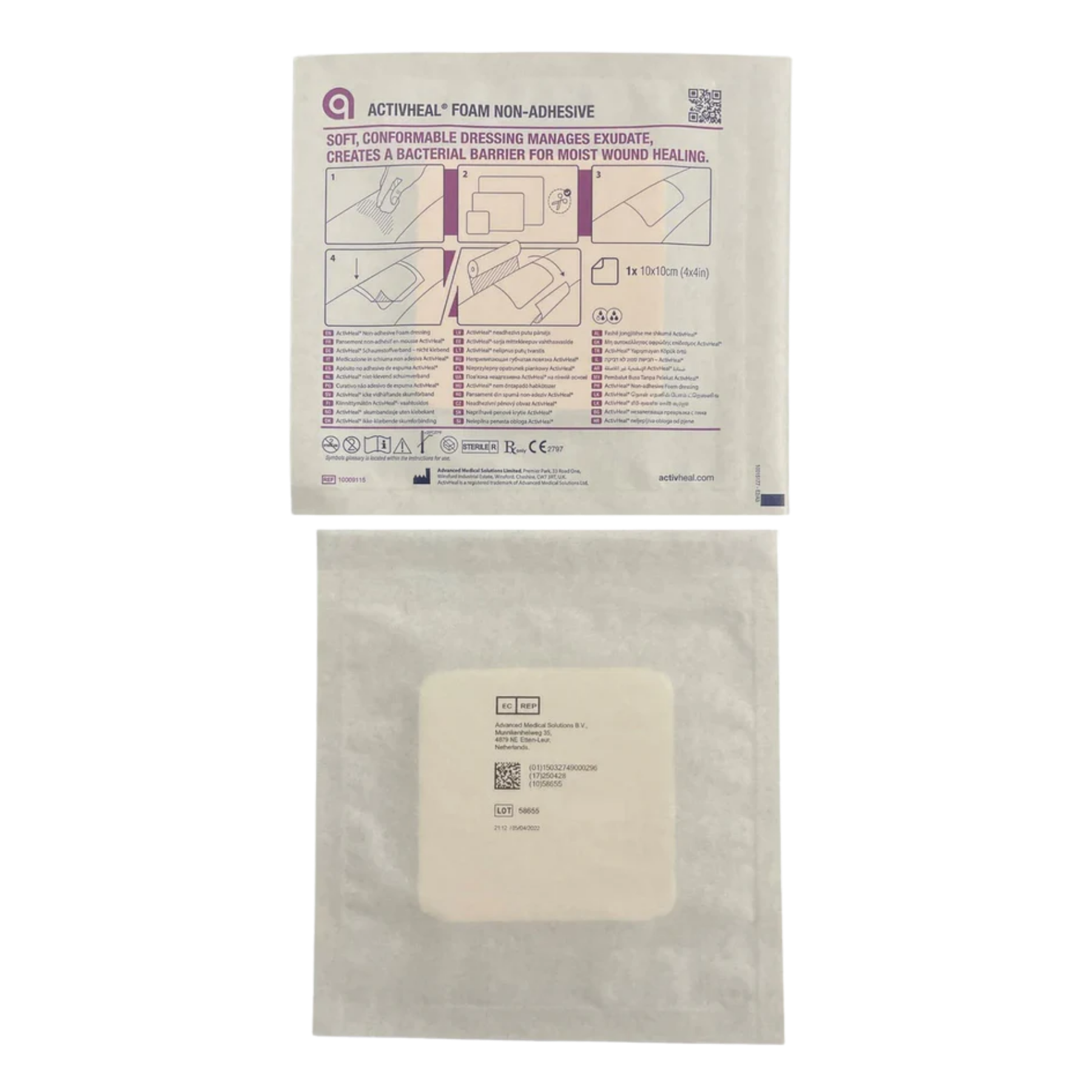Front and back view of an individual 10x10cm ActivHeal Foam Non-Adhesive dressing pouch showing application diagrams and sterile lot details.