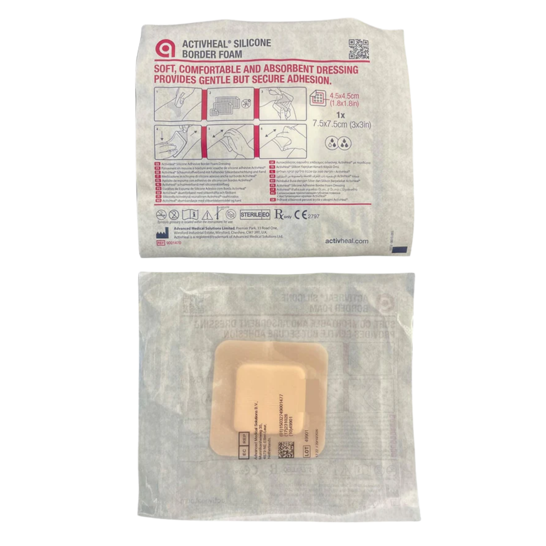 The front and back of an individual sterile peel pouch for an ActivHeal Silicone Border Foam dressing, showing application instructions and product specifications.