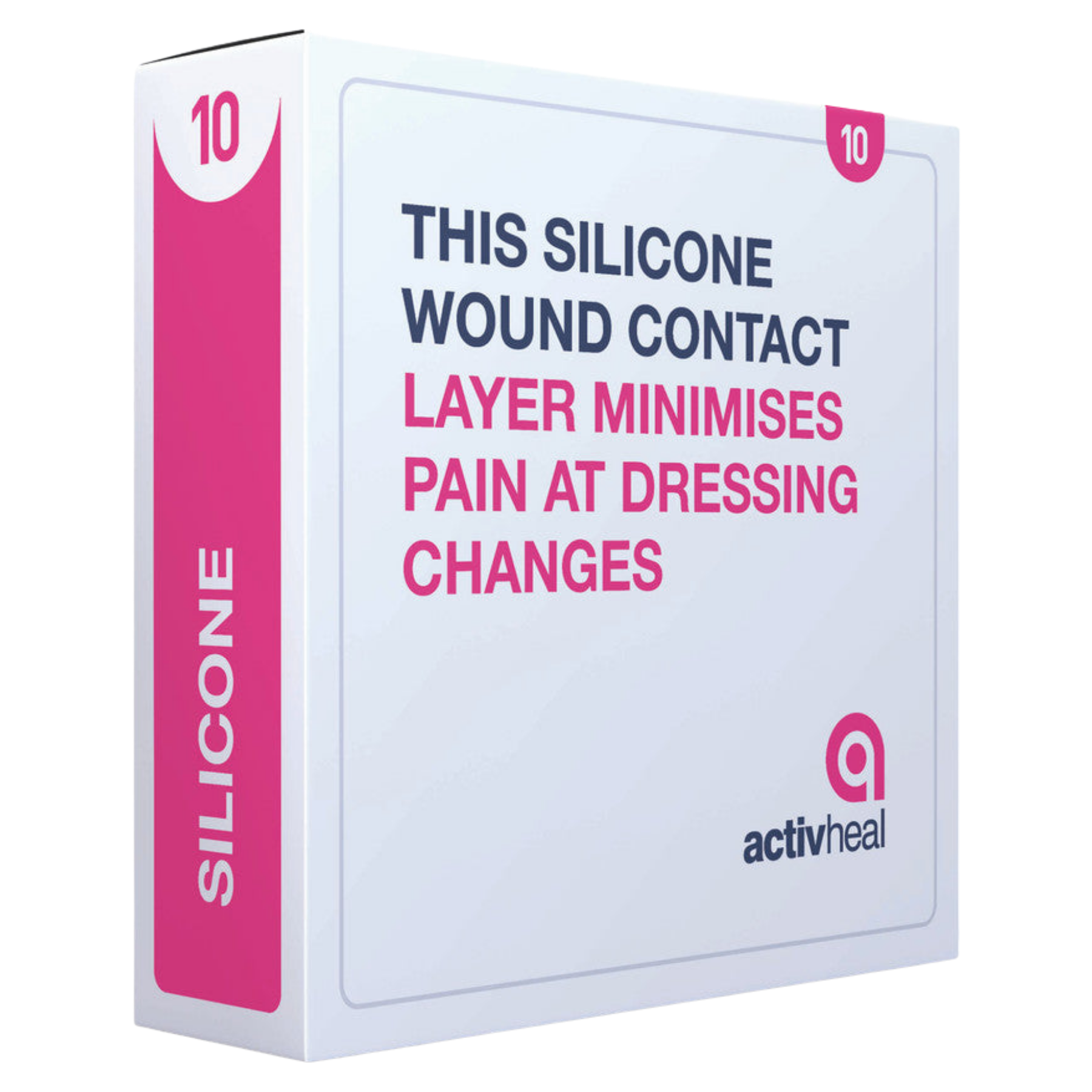 Angled view of a box of 10 ActivHeal Silicone Wound Contact Layers, featuring the brand logo and key benefit: minimizing pain at dressing changes.