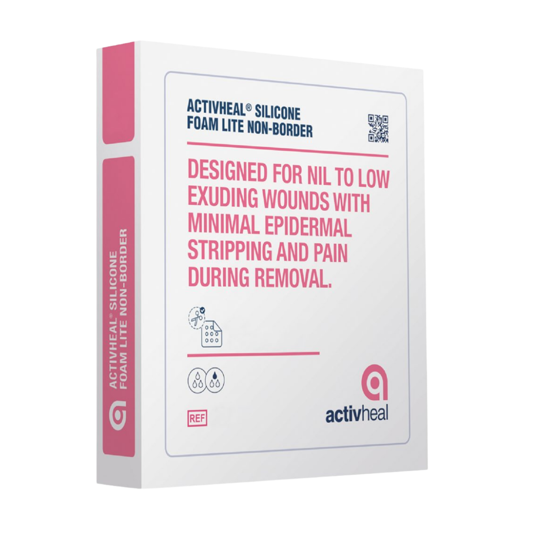 A white and pink retail box of ActivHeal Silicone Foam Lite Non-Border dressing, featuring product benefits and a QR code.