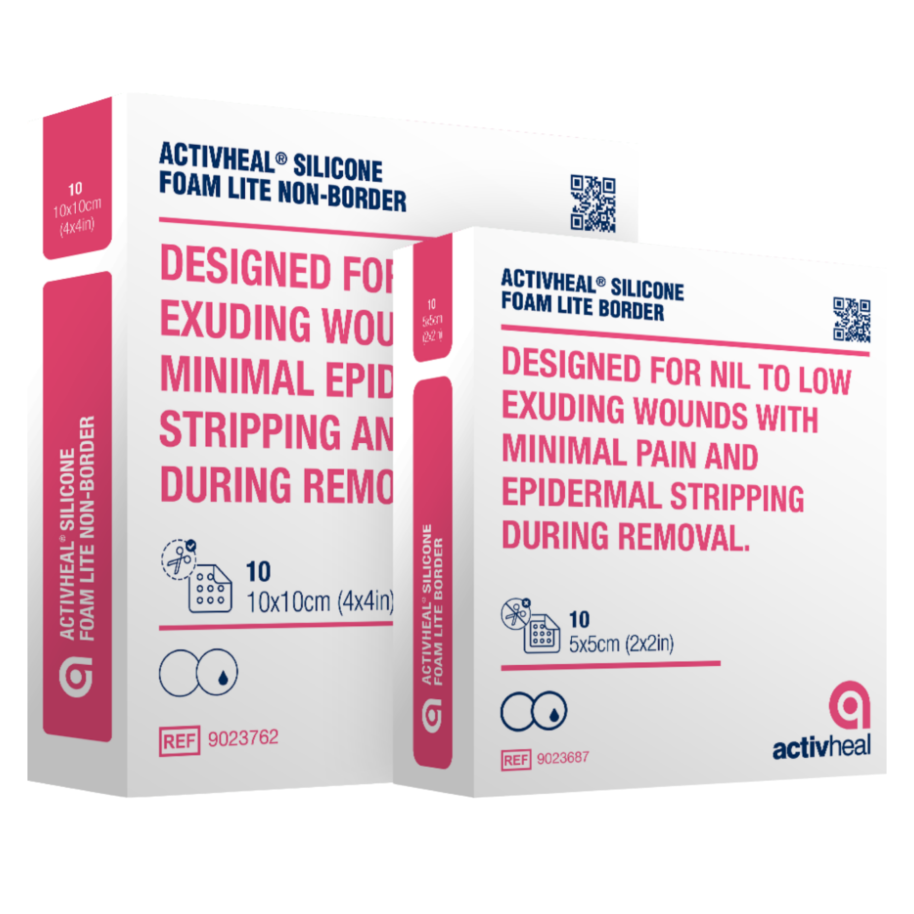 Two boxes of ActivHeal wound dressings side-by-side: a 10x10cm Non-Border version and a 5x5cm Border version.