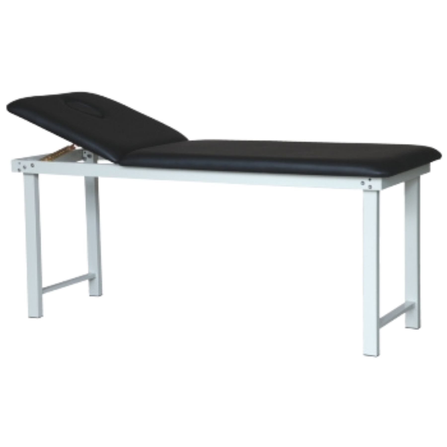 Side profile of a black two-section treatment couch showing the manual reclining headrest and face hole.