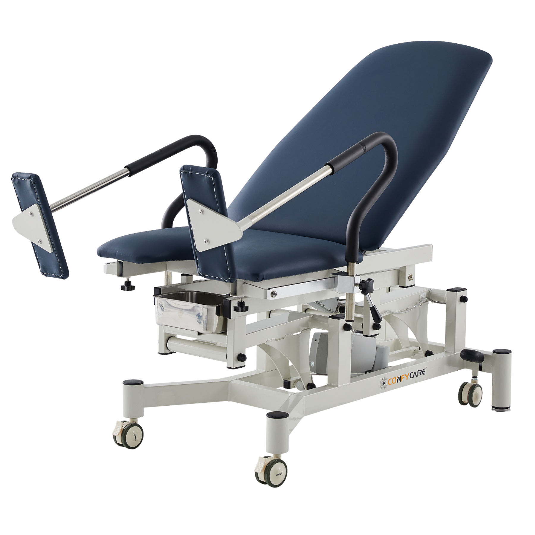 Fully adjustable navy blue gynaecology couch with side grab handles and integrated medical positioning attachments.