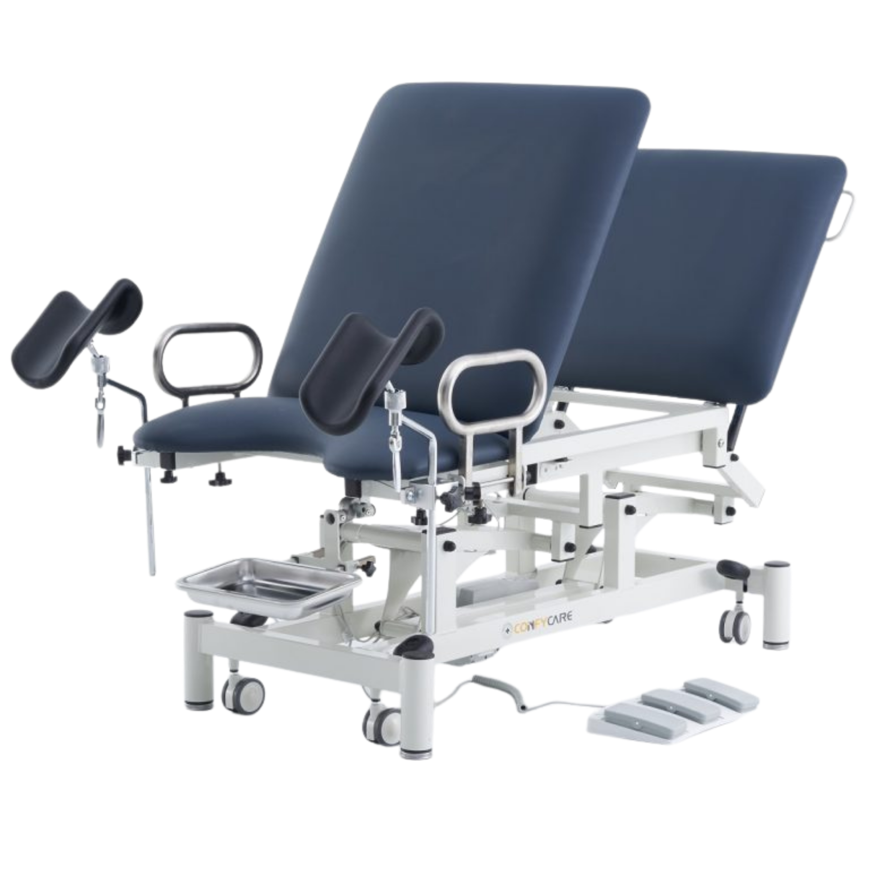 Adjustable Gynaecology examination table in Navy Blue with side grab handles and integrated medical stirrup attachments.