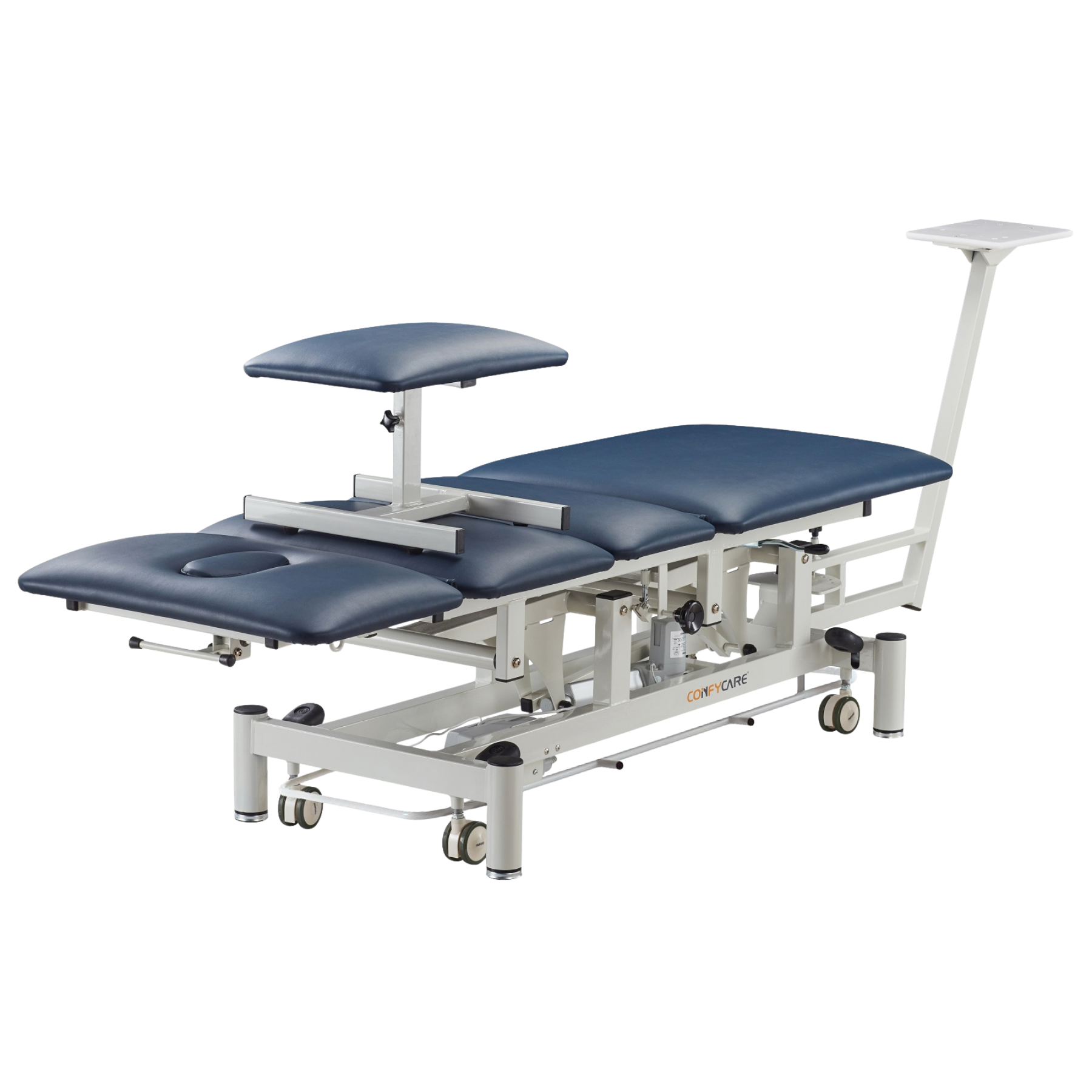 Professional four-section navy blue physiotherapy traction table with upholstered padding and sturdy base