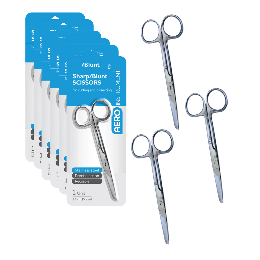 Close-up view of a multi-pack of AERO INSTRUMENT 13cm stainless steel sharp/blunt surgical/dissecting scissors and their retail packaging.