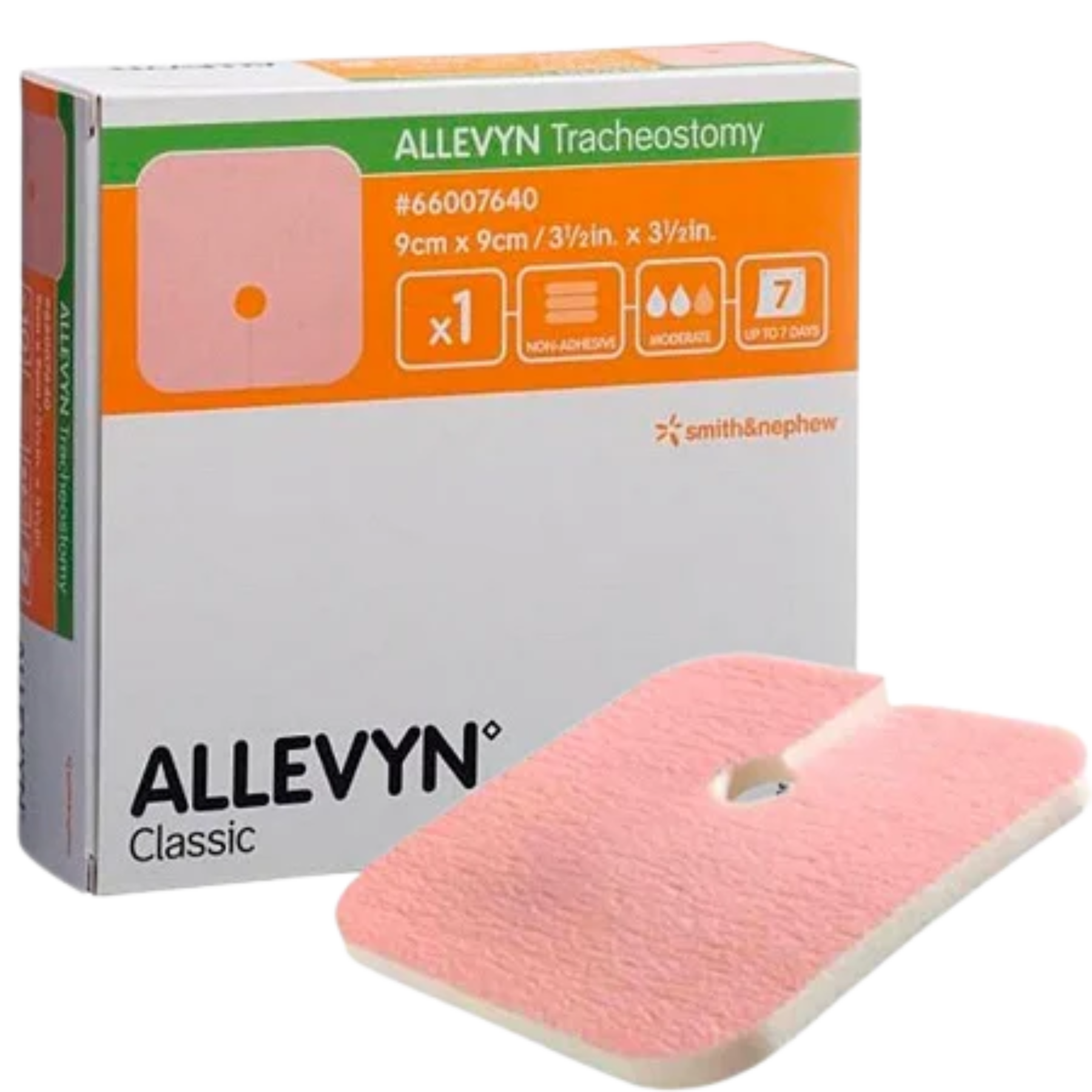 Smith & Nephew ALLEVYN Classic Tracheostomy non-adhesive hydrocellular foam dressing showing the 9cm x 9cm pink foam pad with keyhole aperture next to its white and orange box.