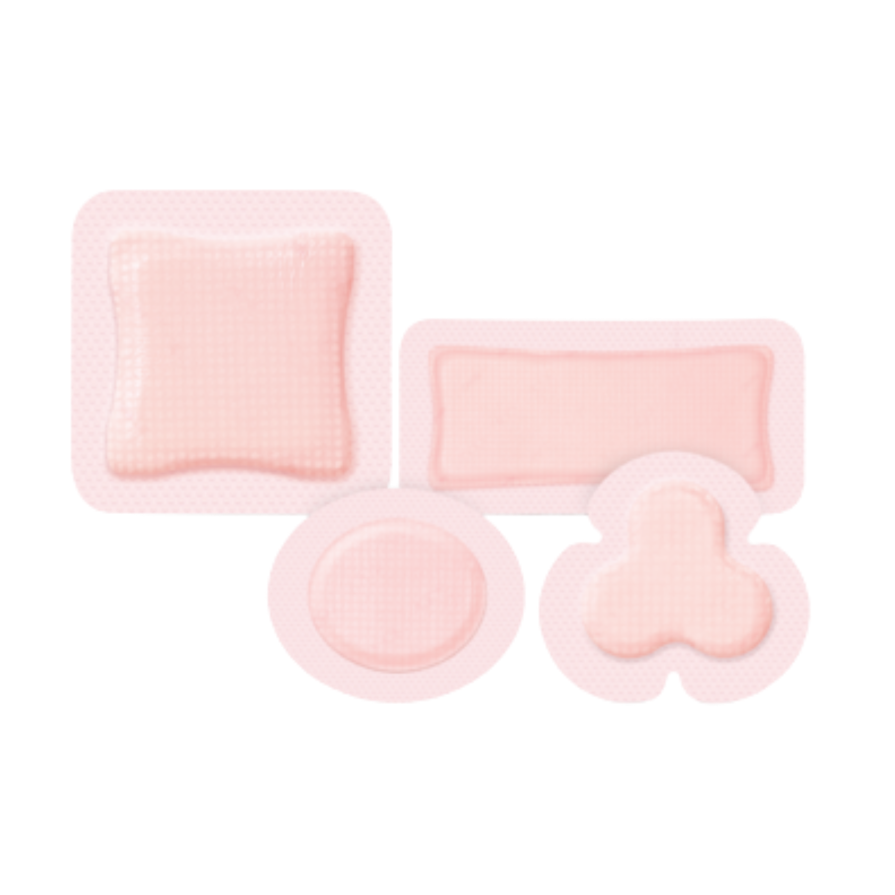 Four different shapes of ALLEVYN Gentle Border Lite foam dressings, including square, rectangular, circular, and trilobate designs.