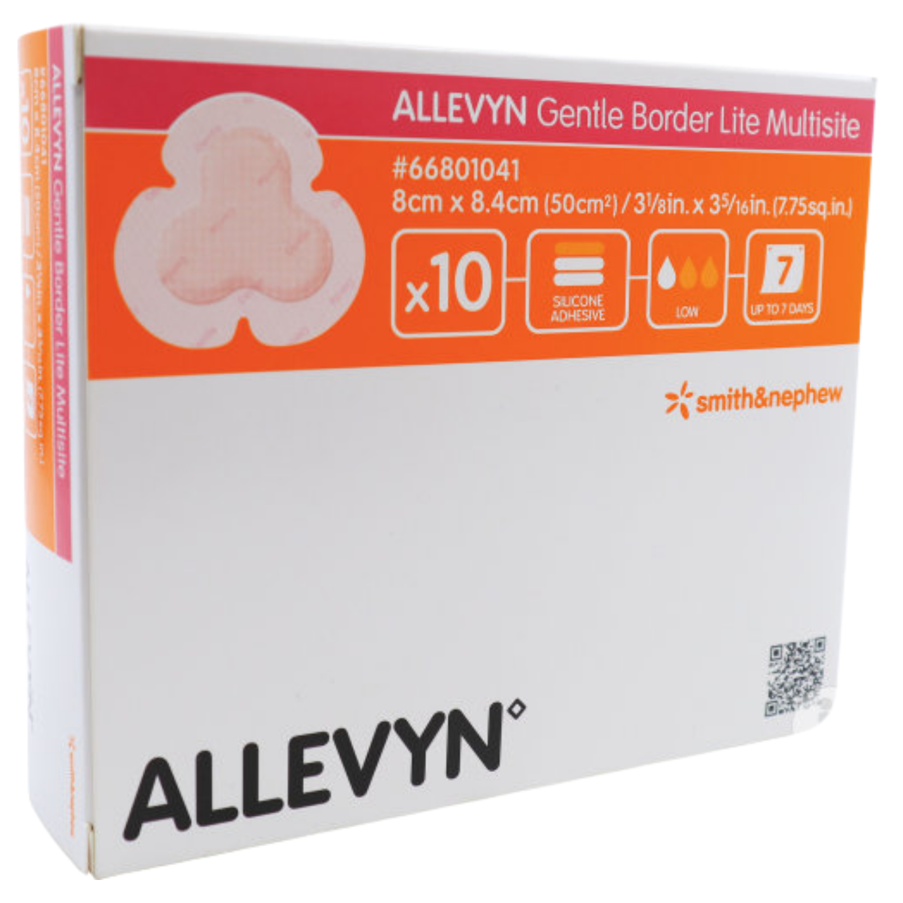 A box of 10 ALLEVYN Gentle Border Lite Multisite sterile dressings, 8cm x 8.4cm, showing the trilobate shape and 7-day wear icon.