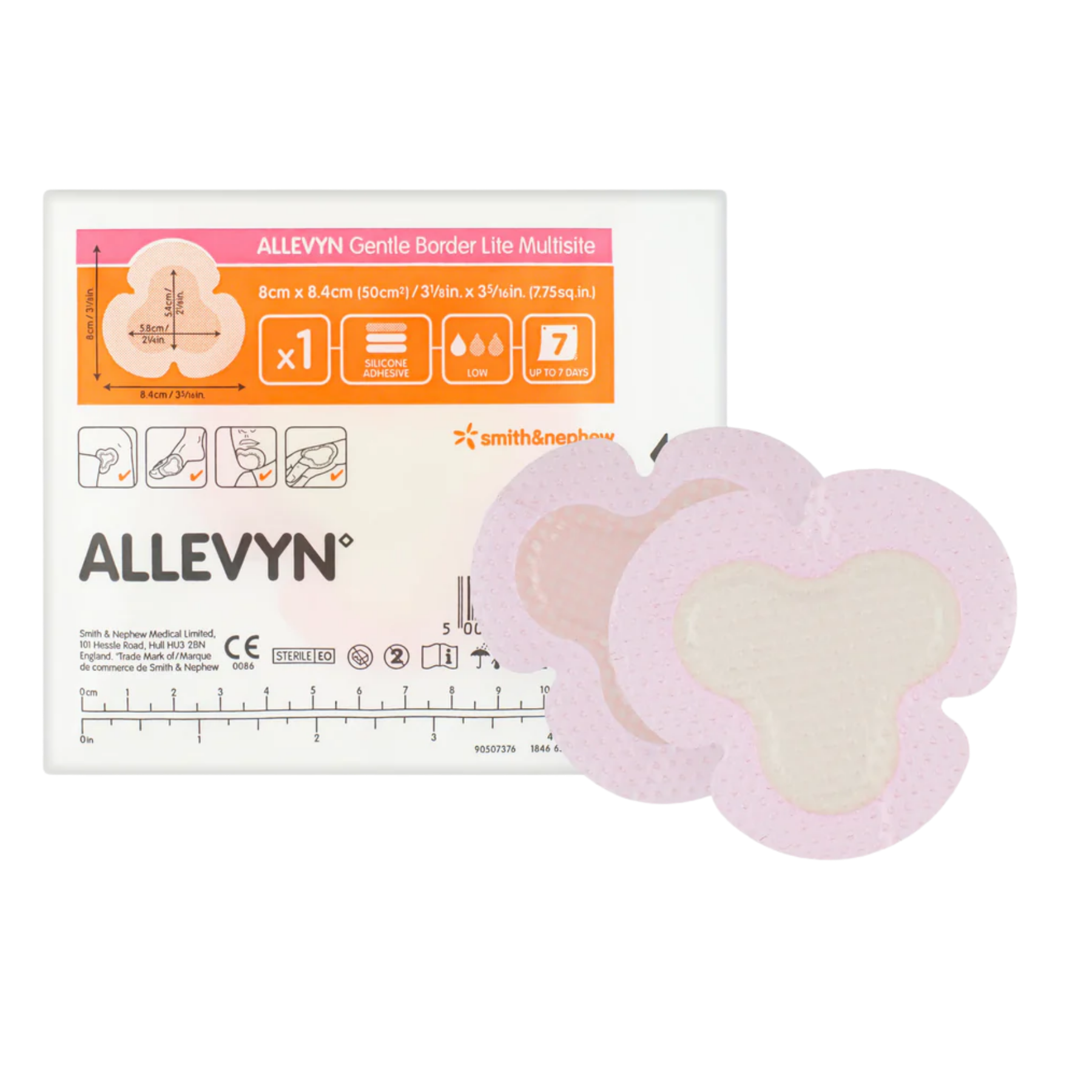 Two trilobate-shaped ALLEVYN Gentle Border Lite Multisite dressings displayed in front of their sterile individual packaging.