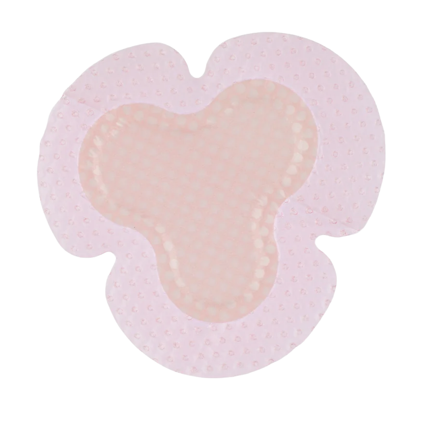 Close-up view of a single pink ALLEVYN Gentle Border Lite Multisite trilobate dressing with a perforated silicone adhesive border.
