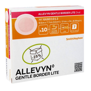Retail box of 10 ALLEVYN Gentle Border Lite Oval dressings, size 8.6cm x 7.7cm, featuring icons for silicone adhesive and up to 7-day wear.