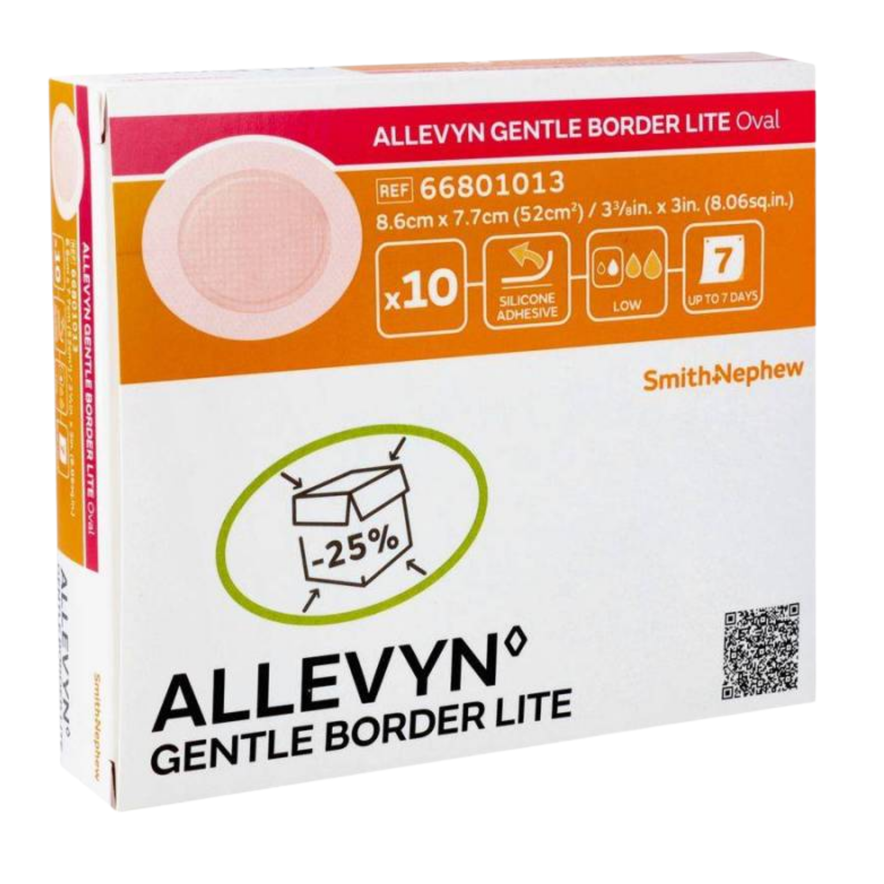 Retail box of 10 ALLEVYN Gentle Border Lite Oval dressings, size 8.6cm x 7.7cm, featuring icons for silicone adhesive and up to 7-day wear.