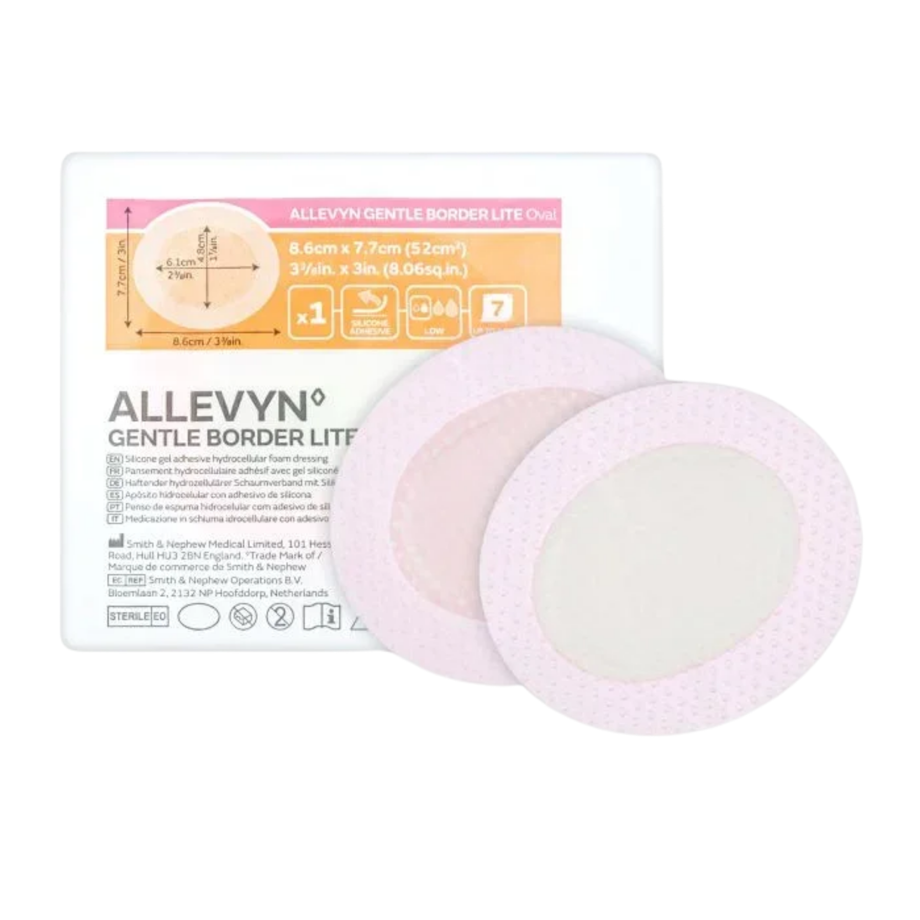 Two oval ALLEVYN Gentle Border Lite dressings placed in front of their sterile individual packaging showing product dimensions and manufacturer details.