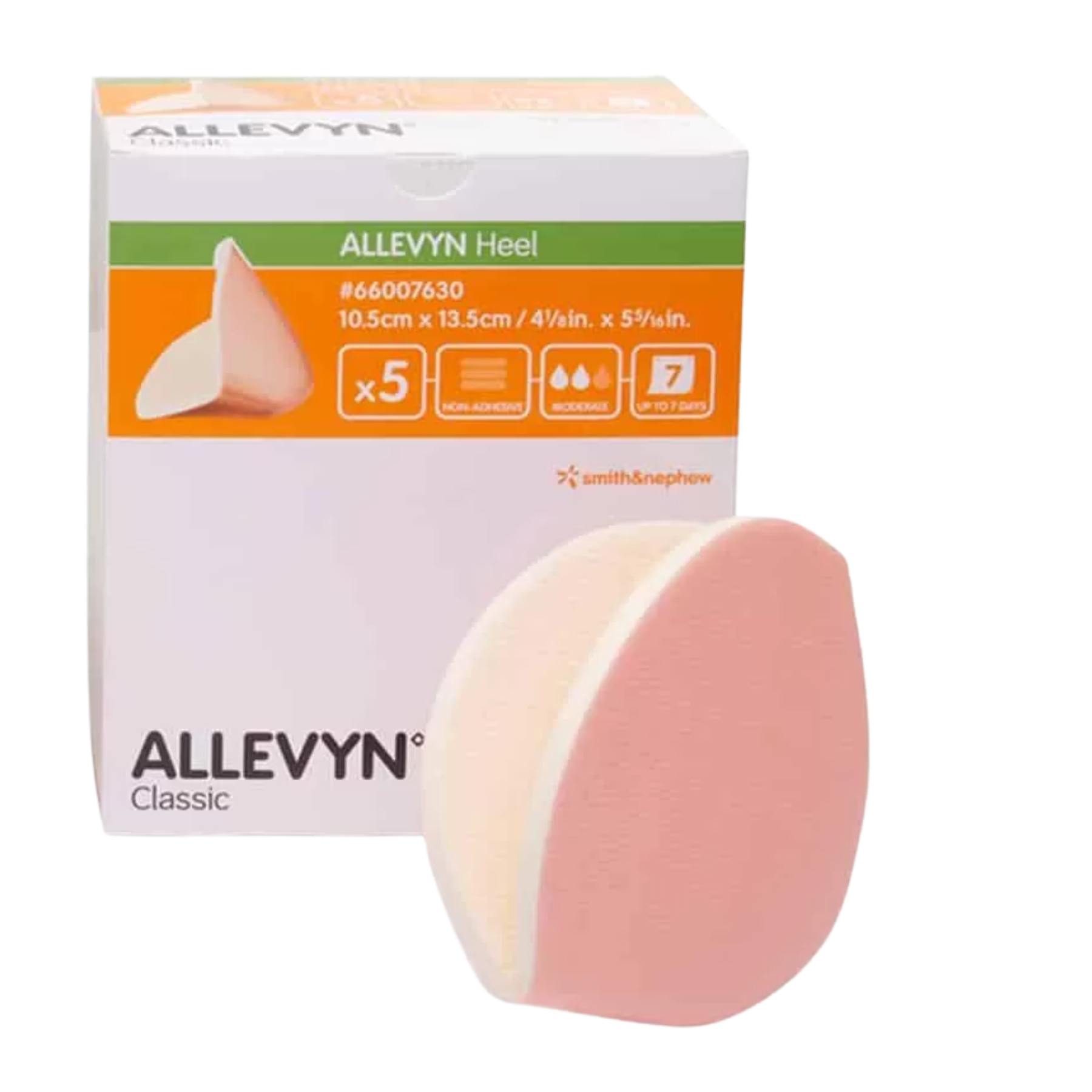A retail box of ALLEVYN Heel Classic foam dressings shown next to a single, anatomically shaped pink and white heel dressing.