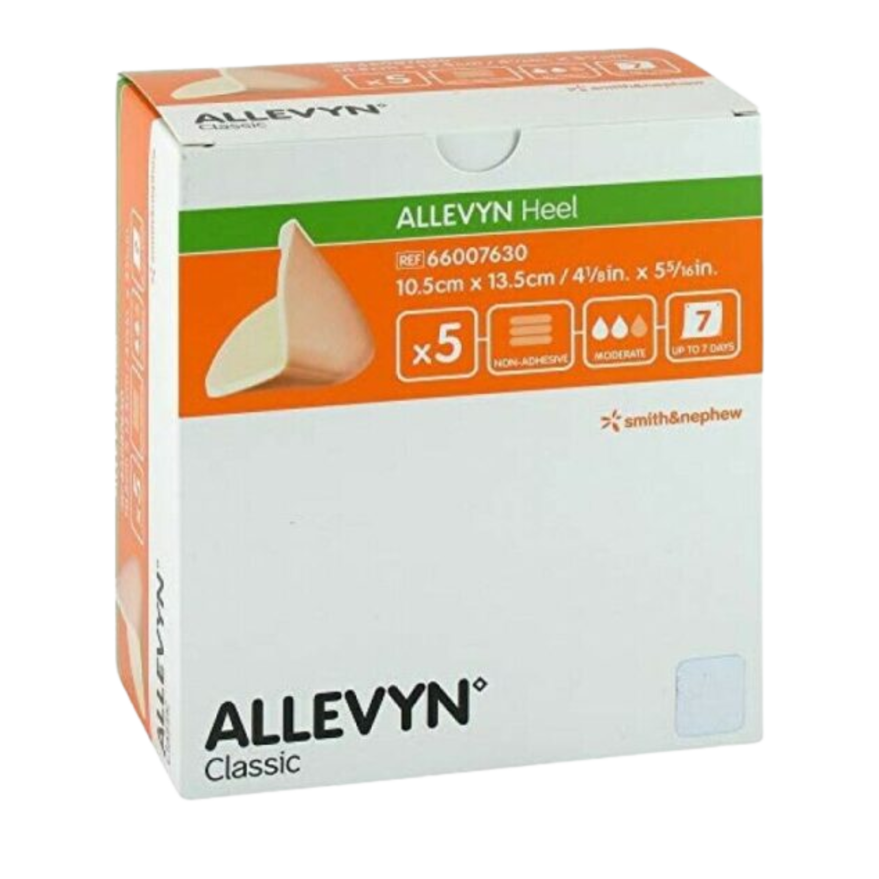 Retail packaging for Smith & Nephew ALLEVYN Heel Classic containing 5 non-adhesive dressings, reference number 66007630.