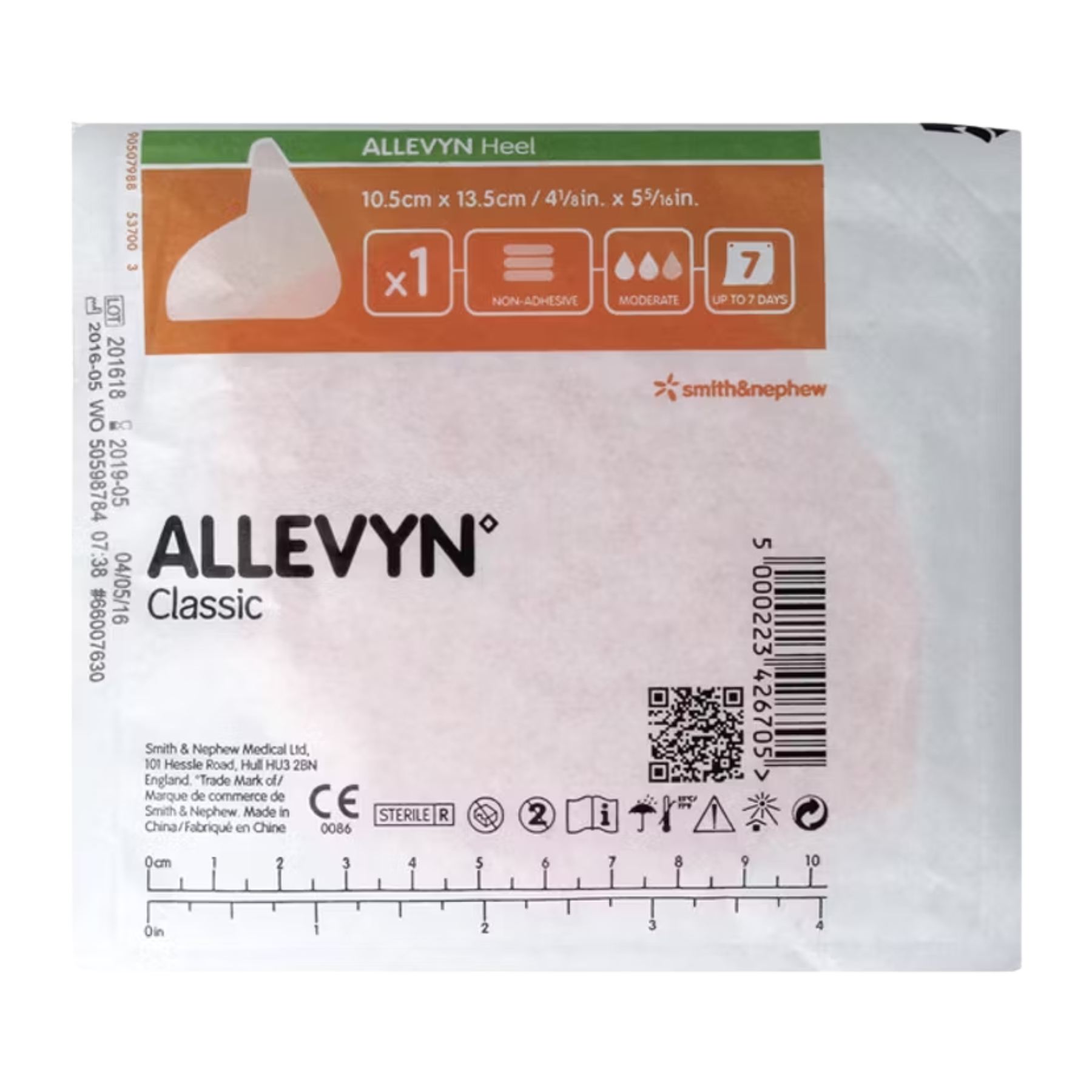 Front view of a sterile individual pouch for ALLEVYN Heel Classic non-adhesive foam dressing, showing size 10.5cm x 13.5cm.