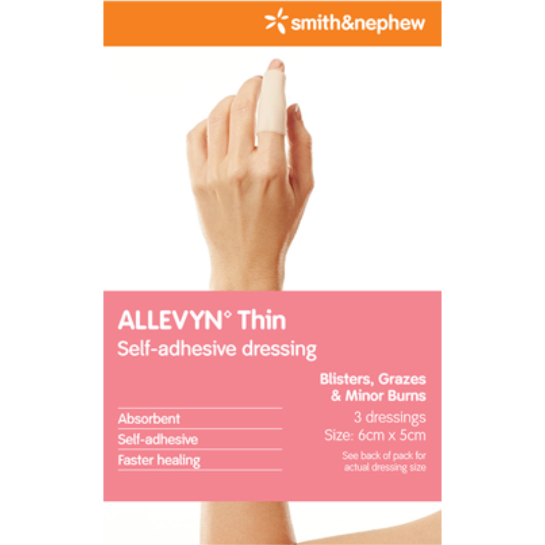 Product packaging image showing a hand with an ALLEVYN Thin dressing applied to the finger, with callouts for 'Blisters, Grazes & Minor Burns' and 'Self-adhesive'.