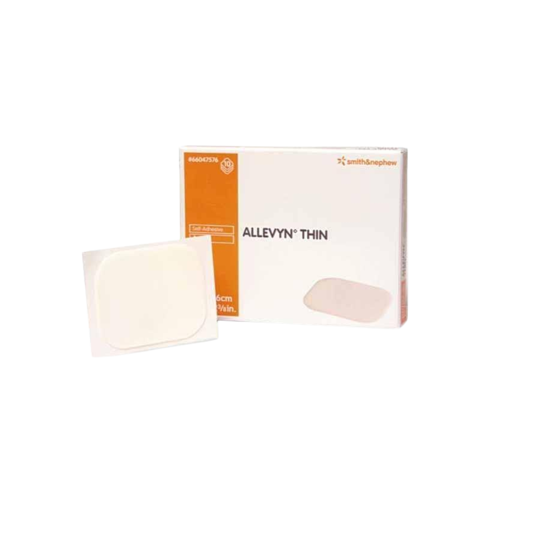Smith & Nephew ALLEVYN Thin retail box (5cm x 6cm size) with a single, thin, white hydrocellular dressing pad shown next to the box.