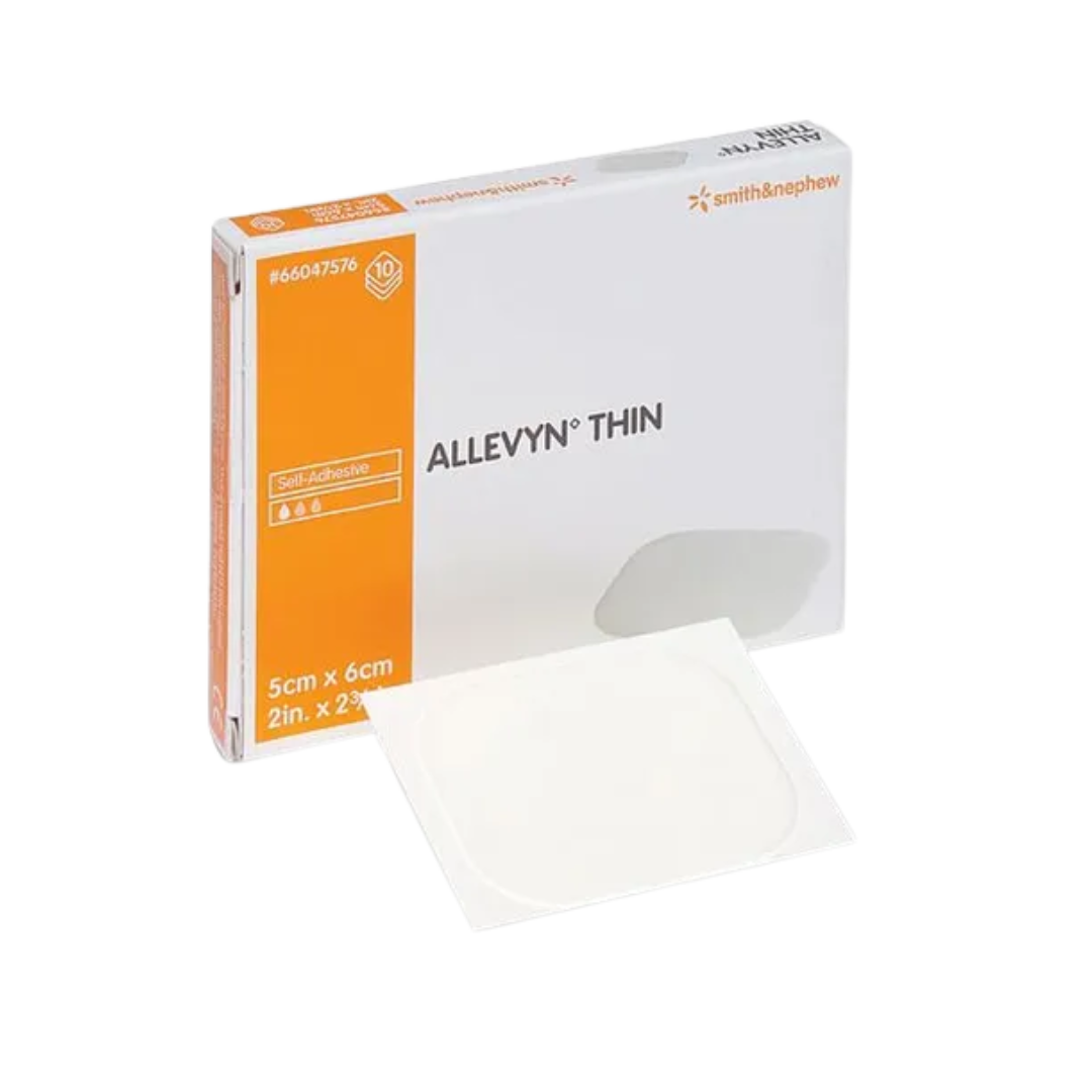 Smith & Nephew ALLEVYN Thin retail box with a single, square, self-adhesive hydrocellular dressing pad placed in front of the packaging.