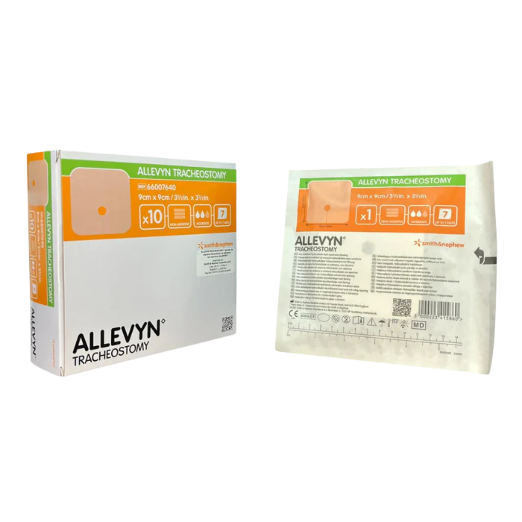 A 10-pack box of Smith and Nephew ALLEVYN Tracheostomy dressings shown alongside an individual sterile paper and plastic peel pouch.