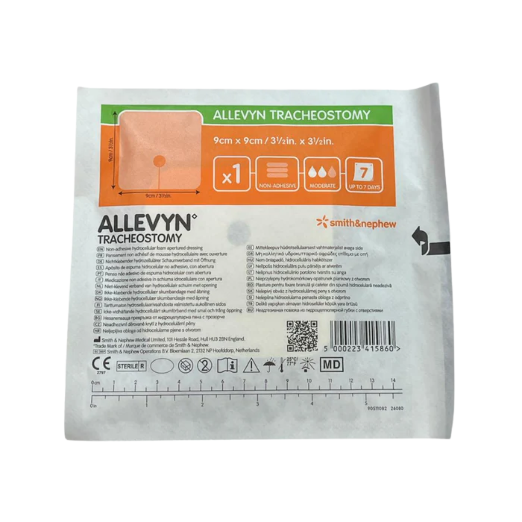 A sterile ALLEVYN Tracheostomy dressing pouch showing product specifications, the 9cm by 9cm size, and multi-language instructions.