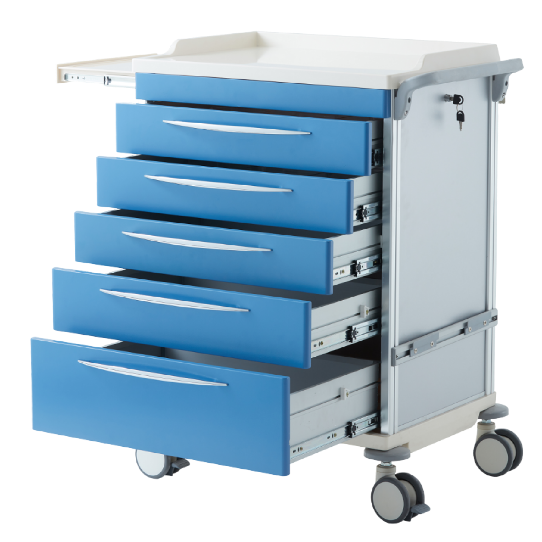Detail view of an anesthesia trolley drawer equipped with adjustable dividers for organizing syringes, medication vials, and airway management tools.