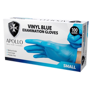 A box of Apollo brand Vinyl Blue Examination Gloves, medical and food grade, powder-free, size small, containing 100 gloves.