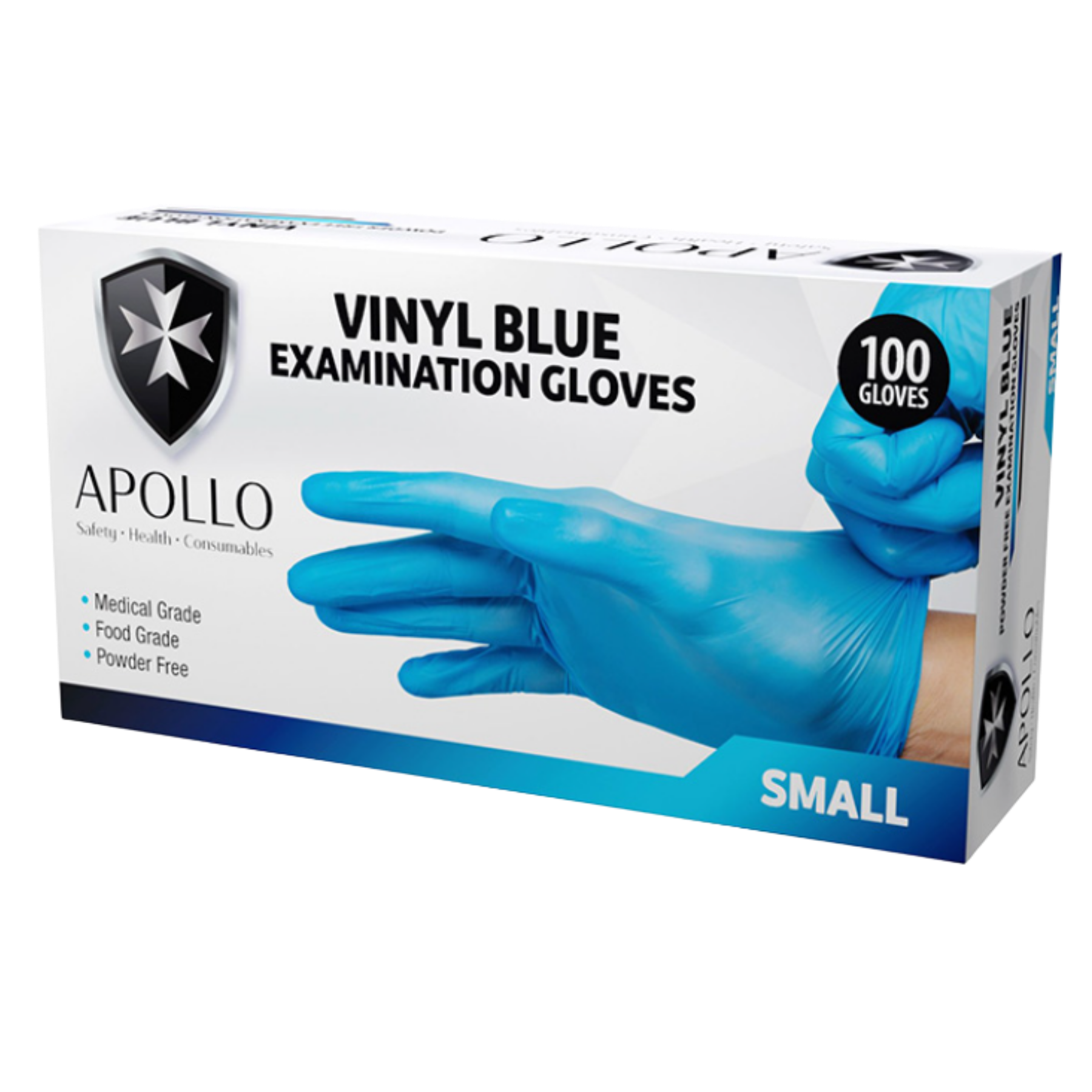 A box of Apollo brand Vinyl Blue Examination Gloves, medical and food grade, powder-free, size small, containing 100 gloves.