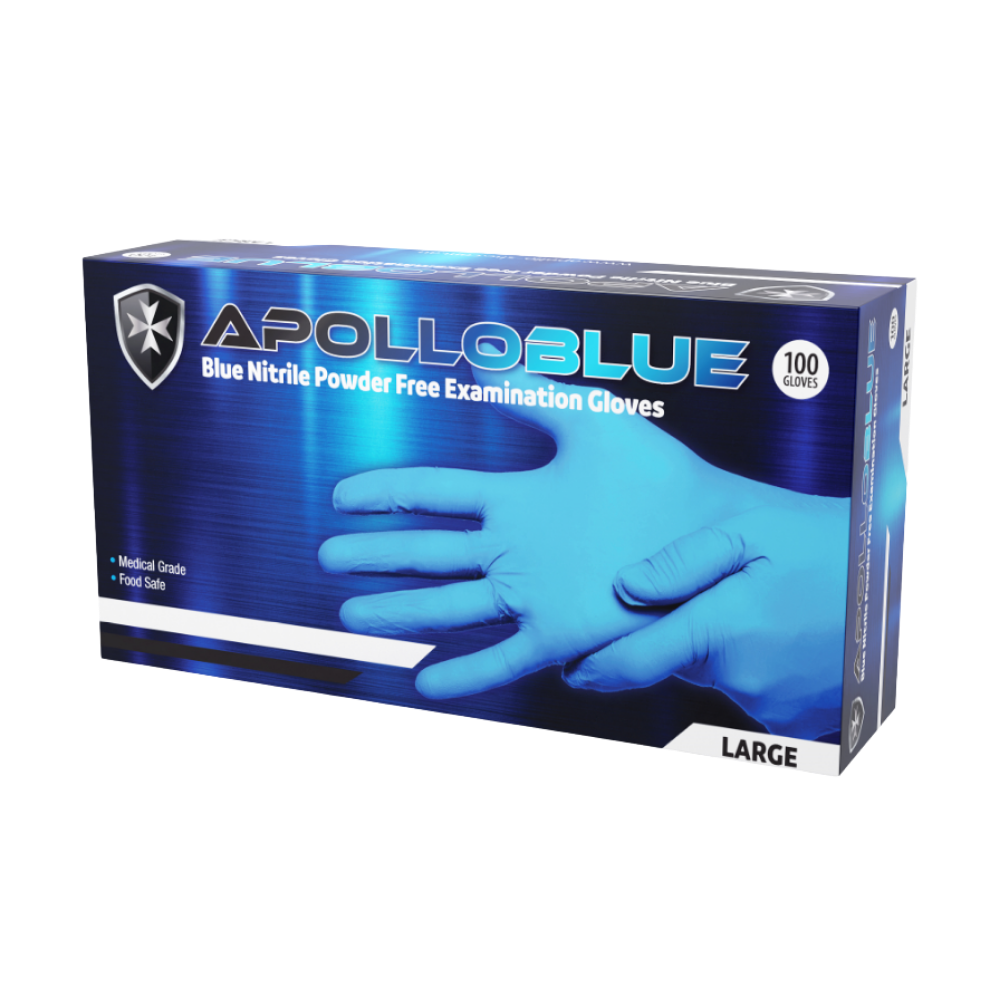 Apollo Blue Nitrile Examination Gloves Medium / 10 Boxes Per Carton