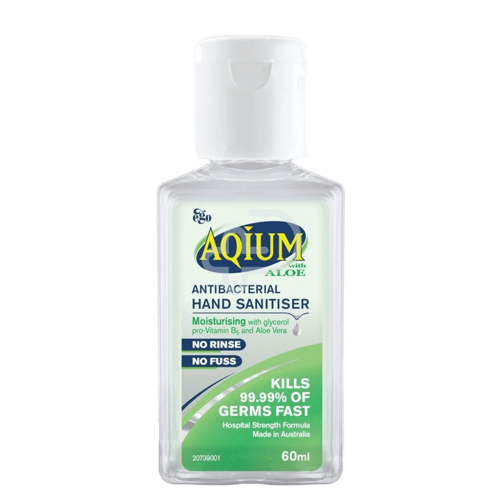 Aqium Antibacterial Hand Sanitiser With Aloe Vera 60Ml Bottle Cap Hygiene