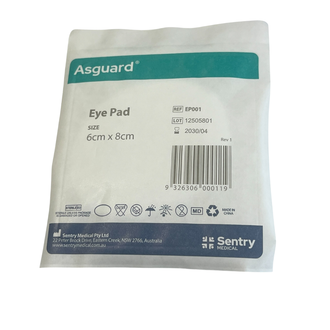 Individual sterile packaging for an Asguard Eye Pad, size 6cm x 8cm, showing the product name, Sentry Medical branding, REF EP001, LOT 12505801, and sterility symbols.