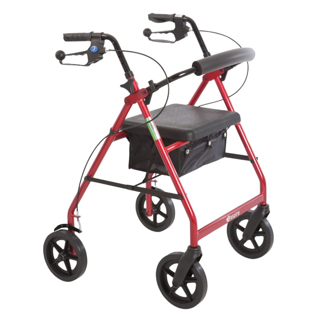Aspire Classic 8" Wheels Seat Walker in red and blue, foldable frame with padded seat for safe mobility.
