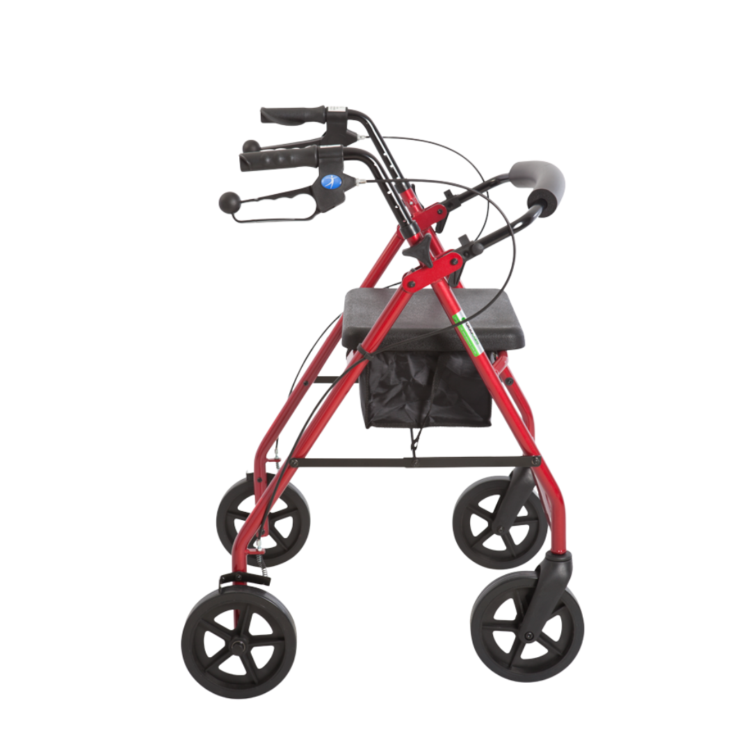 Aspire Classic 8" Wheels Seat Walker in red and blue, foldable frame with padded seat for safe mobility.