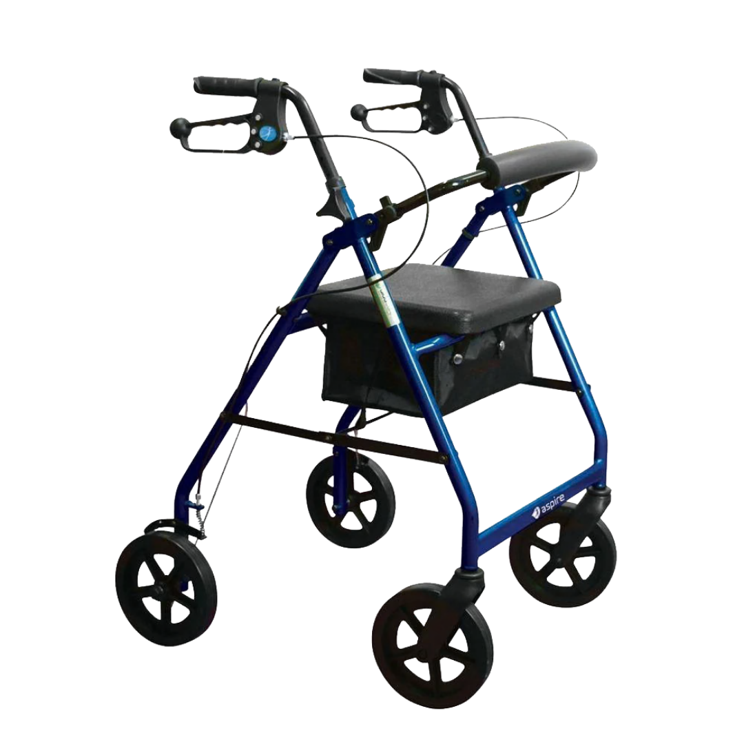 Aspire Classic 8" Wheels Seat Walker in red and blue, foldable frame with padded seat for safe mobility.