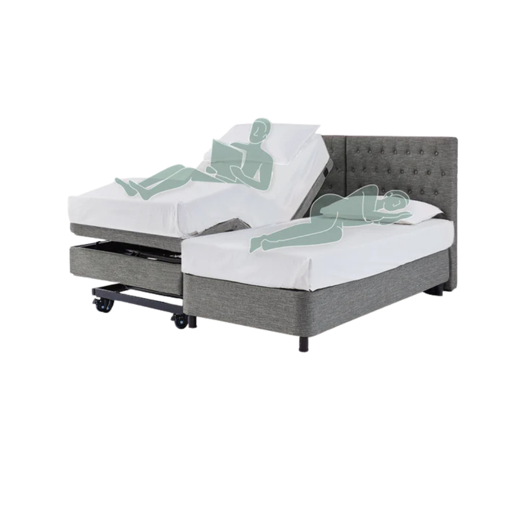 Aspire ComfiMotion Fixed Companion Bed in Portobello Grey, long single, featuring adjustable comfort for two users.
