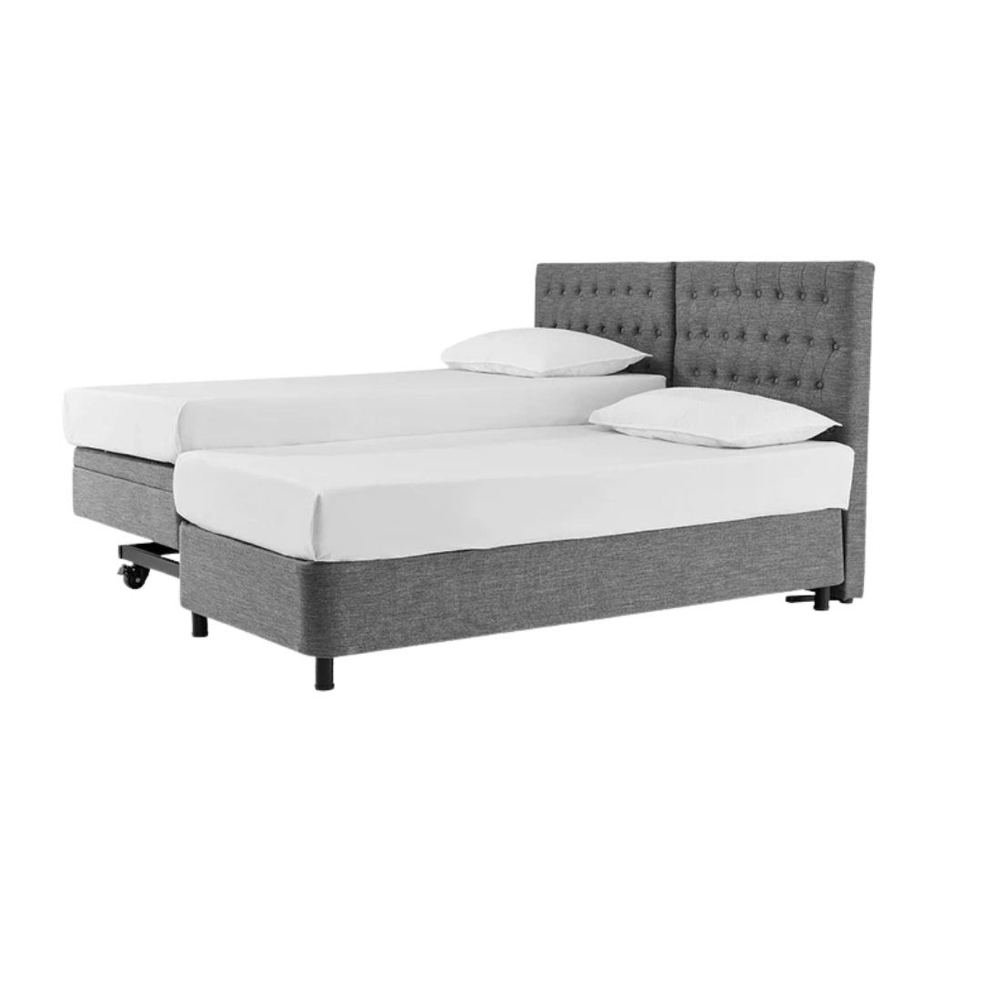 Aspire ComfiMotion Fixed Companion Bed in Portobello Grey, long single size, shown from side angle for modern bedroom style.
