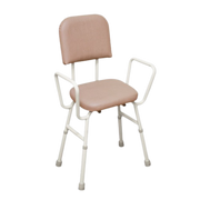 Front perspective of the Aspire Kitchen Perching Stool featuring a padded champagne vinyl seat and backrest with a height-adjustable white powder-coated frame.