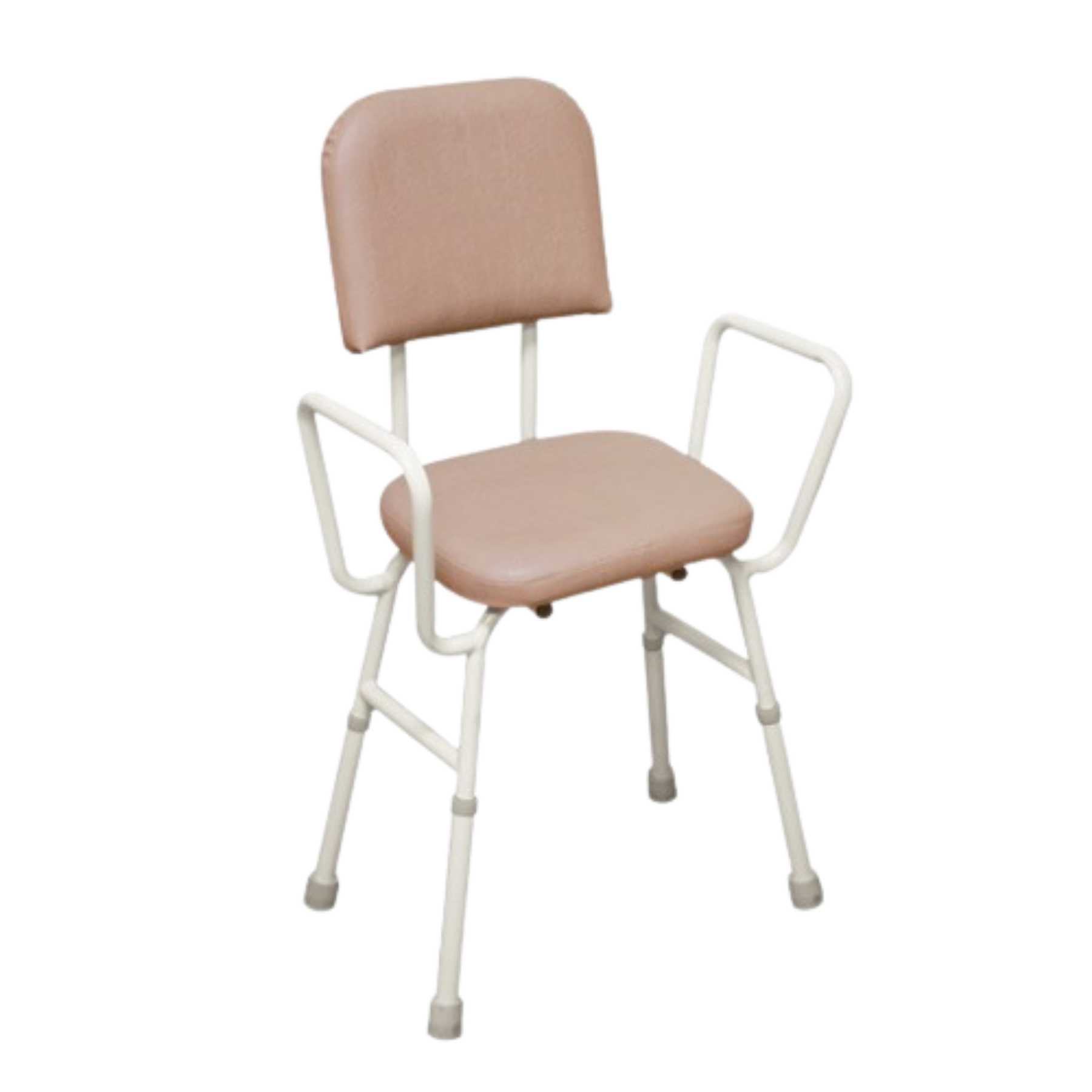 Front perspective of the Aspire Kitchen Perching Stool featuring a padded champagne vinyl seat and backrest with a height-adjustable white powder-coated frame.