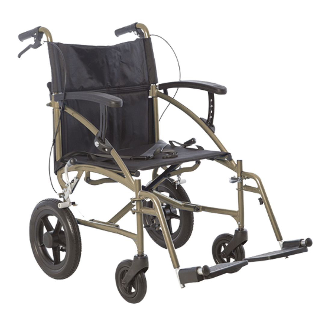 Aspire Lite Transit Wheelchair – Lightweight folding wheelchair with attendant brakes and swing-away footrests