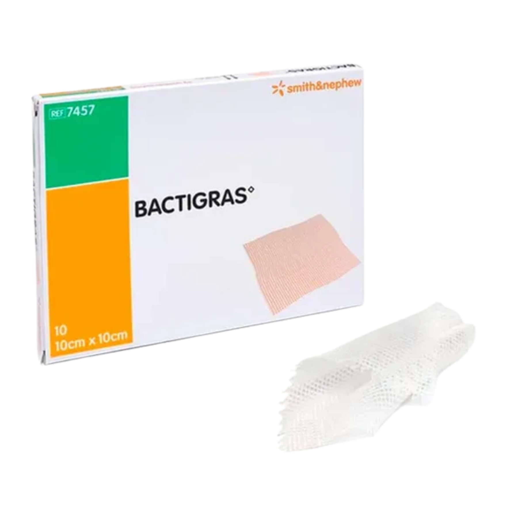 A slim box containing 10 BACTIGRAS medicated paraffin gauze dressings (size 10cm x 10cm, REF 7457) shown next to a sample of the white open-weave gauze.