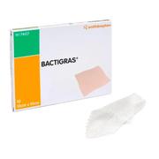 A slim box containing 10 BACTIGRAS medicated paraffin gauze dressings (size 10cm x 10cm, REF 7457) shown next to a sample of the white open-weave gauze.