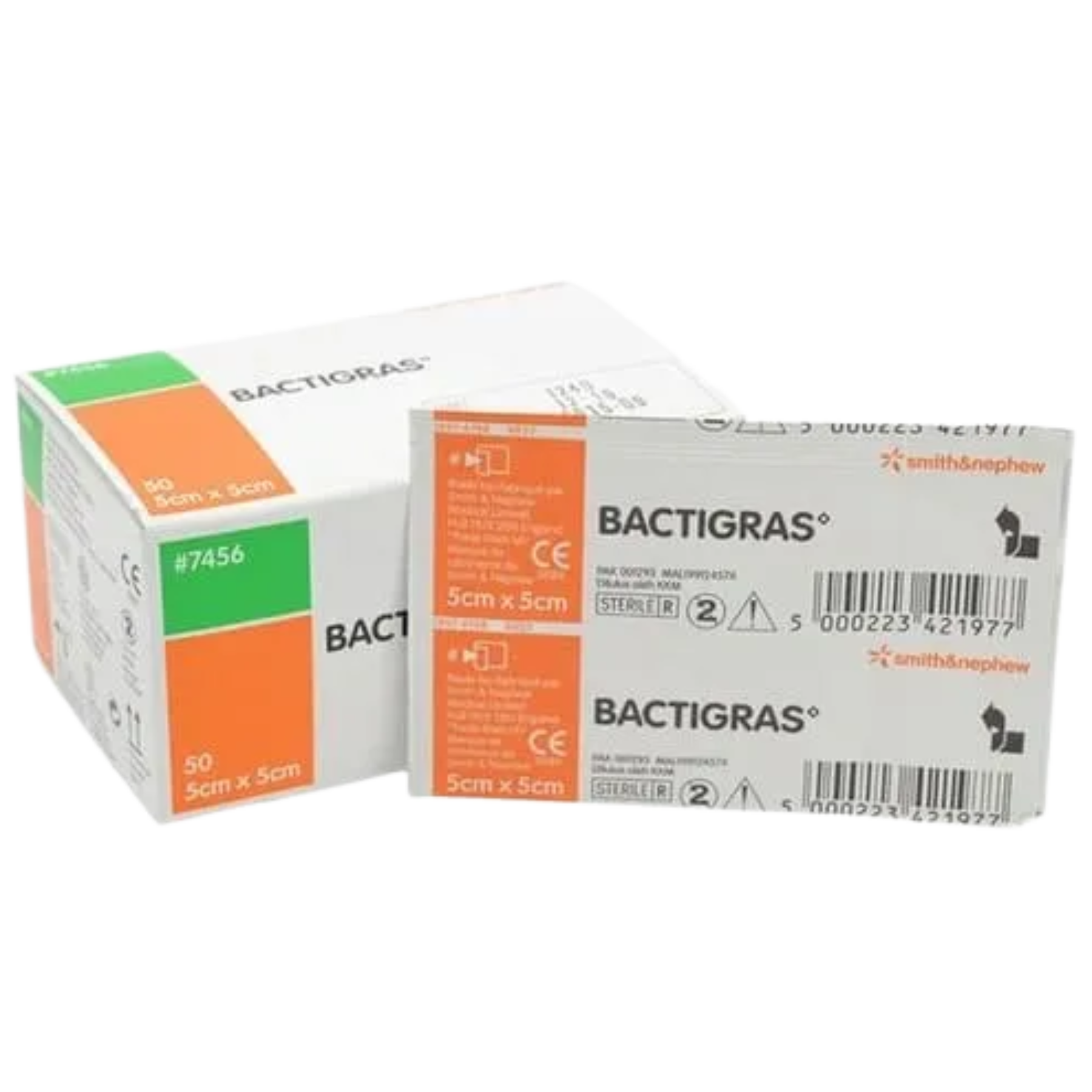 A box of 50 BACTIGRAS medicated paraffin gauze dressings (size 5cm x 5cm) with an individual sterile sachet displaying the product barcode and REF 7456.