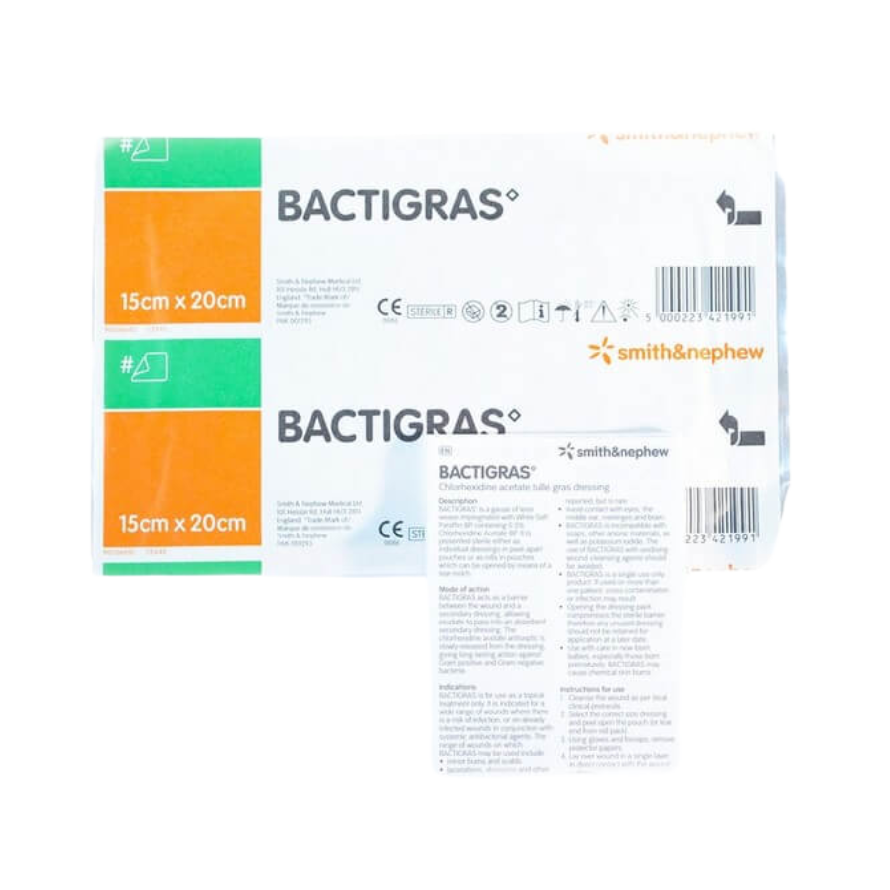 The back of a BACTIGRAS Chlorhexidine acetate sachet showing detailed descriptions, mode of action, and instructions for use, displayed with 15cm x 20cm sterile packaging.
