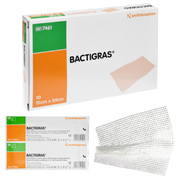 A box of 10 BACTIGRAS medicated paraffin gauze dressings (size 15cm x 20cm, REF 7461) shown with a sample of the white leno-weave gauze and sterile sachets.