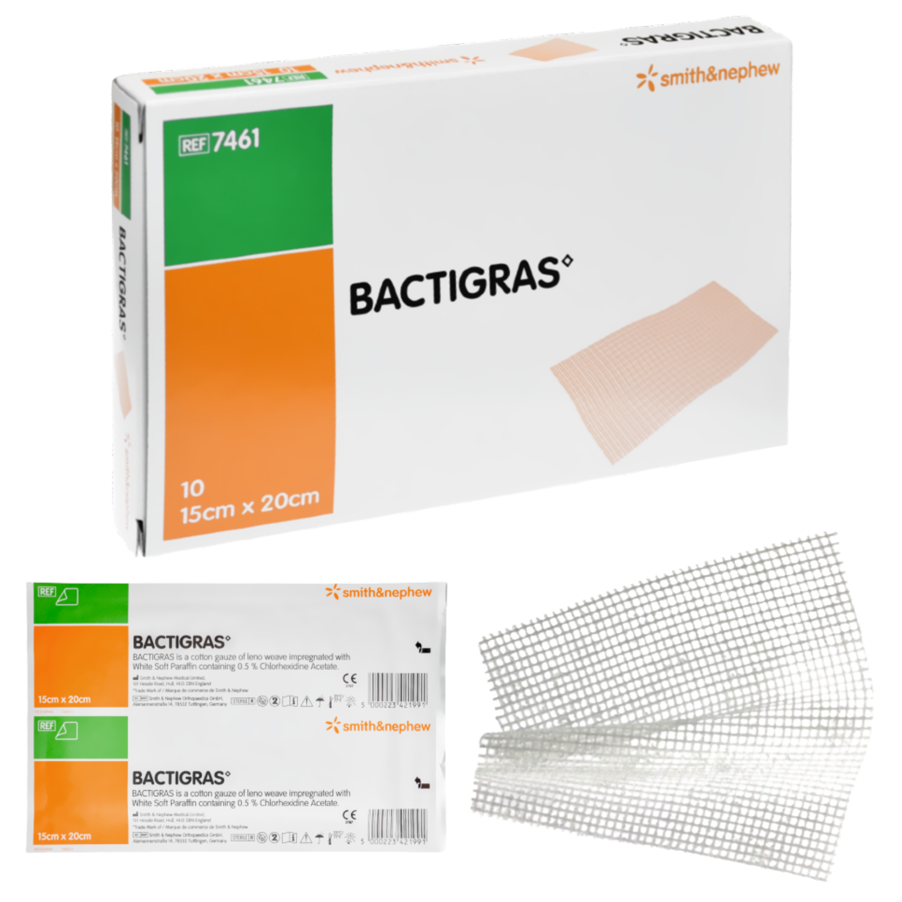 A box of 10 BACTIGRAS medicated paraffin gauze dressings (size 15cm x 20cm, REF 7461) shown with a sample of the white leno-weave gauze and sterile sachets.
